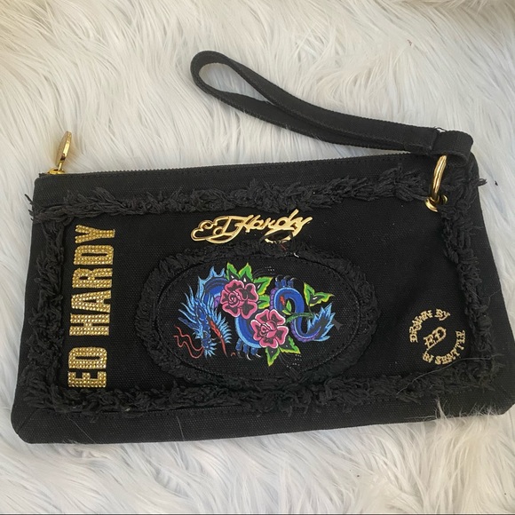 Ed Hardy Handbags - Ed Hardy Black Gold Spell Out Logo Clutch Bag